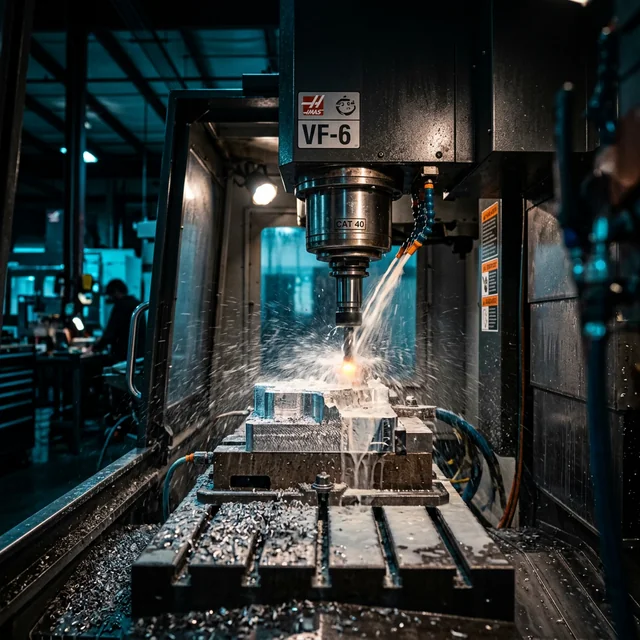 CNC Frezeleme CNC frezeleme makinesi metal parça işlerken — PartGo CNC frezeleme hizmeti