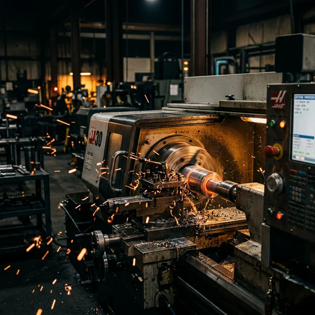 CNC Tornalama CNC torna tezgahı silindirik metal parça üretirken — PartGo CNC tornalama hizmeti