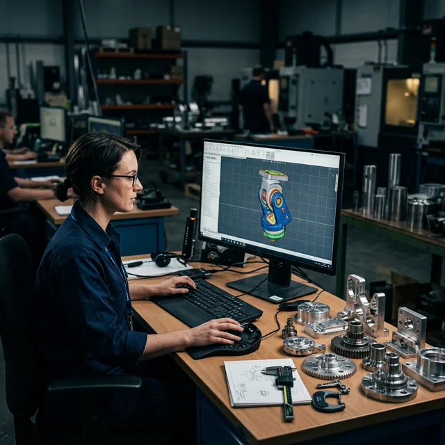 Mühendisler Mühendis CAD tasarımı ve CNC işlenmiş hassas metal parçalar — PartGo mühendislik çözümleri